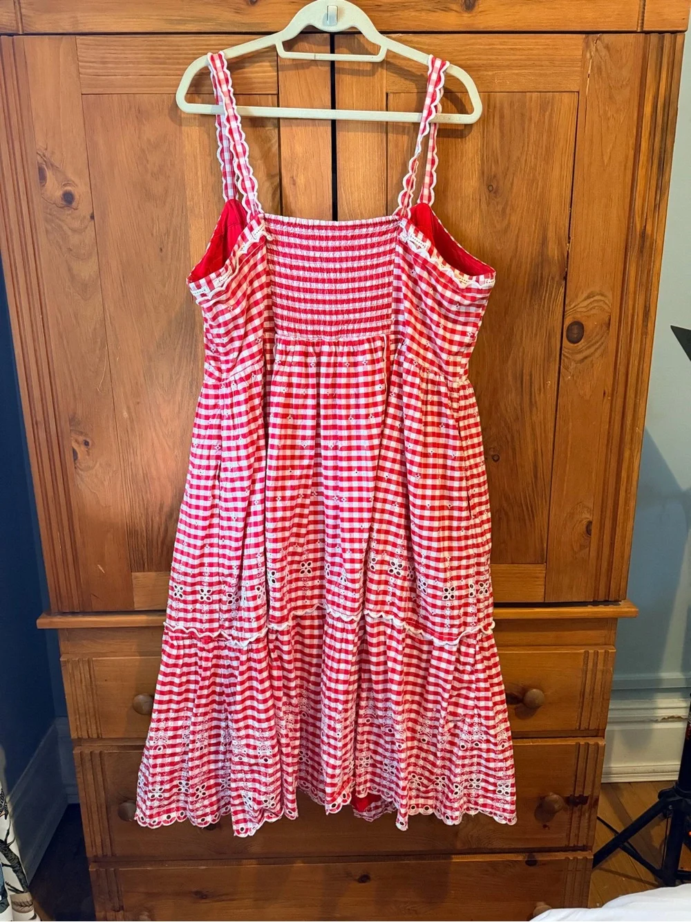 Anthropologie Red Gingham Smocked Dress with Ruffle Trim - Picture 4 of 8